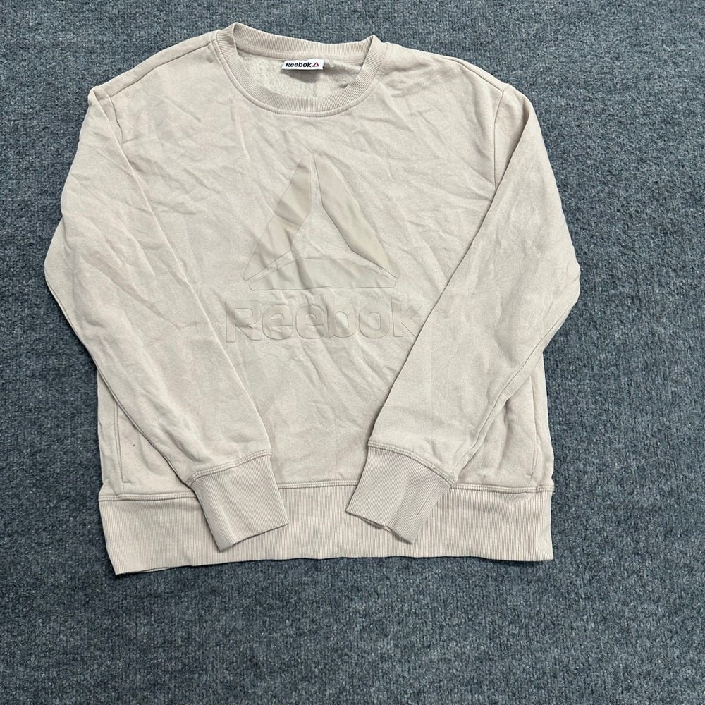 Reebok Sweatshirt Womens Size M Tan Beige Embossed Logo Crew Neck Pullover